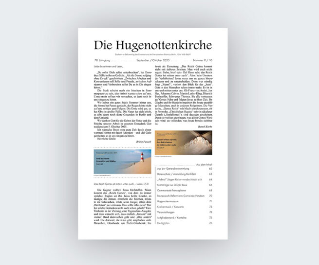Titelblatt der Gemeindezeitung Hugenottenkirche Berlin, Ausgabe September Oktober 2025