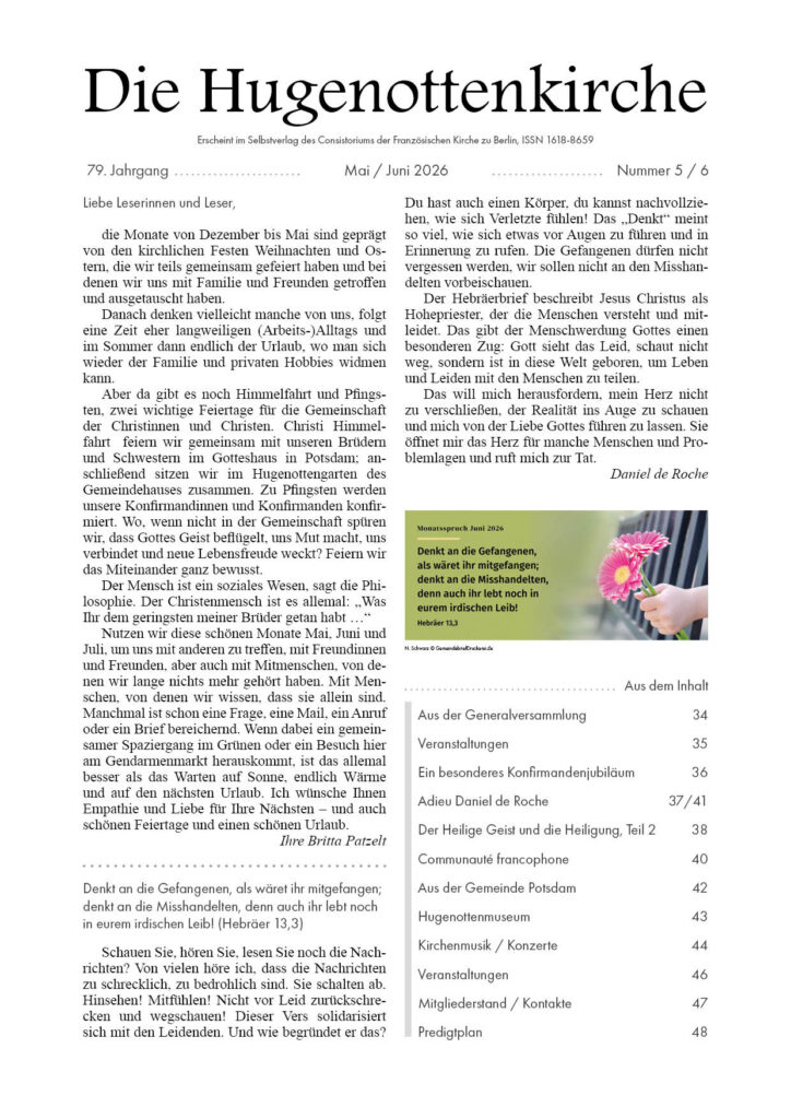 Die Hugenottenkirche - Gemeindezeitung der Französischen Kirche zu Berlin - Ausgabe Mai Juni 2026